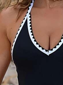 SHEIN Swim Đồ bơi một mảnh viền đen trắng cổ chữ V tua rua gợi cảm thanh lịch, trang phục đi biển cho phụ nữ, cho kỳ nghỉ hè - Đen và trắng - Xem 5