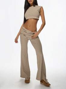 MISSGUIDED Gestreifter Koordinationsset Zweiteiler, lässige Schlaghose, High-Waist Crop Top, Sommer Strandmode, Retro Y2K Fashion - Khaki - Übersicht 5