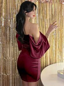 DAZY 女士优雅露肩丝绒紧身迷你连衣裙 舞会礼服 派对女士吊带裙 夜店装 返校季服装 返校节礼服 红色女士连衣裙 性感连衣裙 圣诞节嘉年华 - 酒紅色 - 查看 5