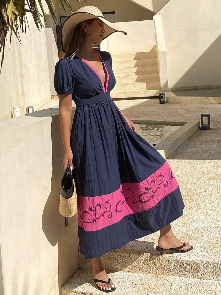 Beach Resort Bohemian Floral Print Contrast Color Block V-Neck Cinched Waist Ruffled Hem Puff Sleeve Women Dress Sundress,Casual Women Dresses Maxi Dress