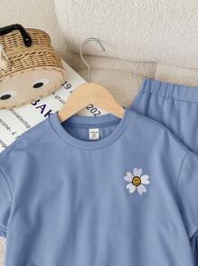 SHEIN Bộ áo len cổ tròn tay ngắn và quần ống đứng cho bé gái tuổi mới lớn - Màu xanh bụi bặm - Xem 4