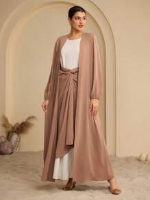Graceveil Váy midi xoắn tay đèn lồng cho nữ trang phục thanh lịch theo phong cách Ả Rập giản dị - Màu Khaki - Xem 4