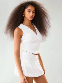 Athîral Western Wear Women's Casual White Smock Lace Trim V Neck Sleeveless Blouse Vintage - Cream - View 5