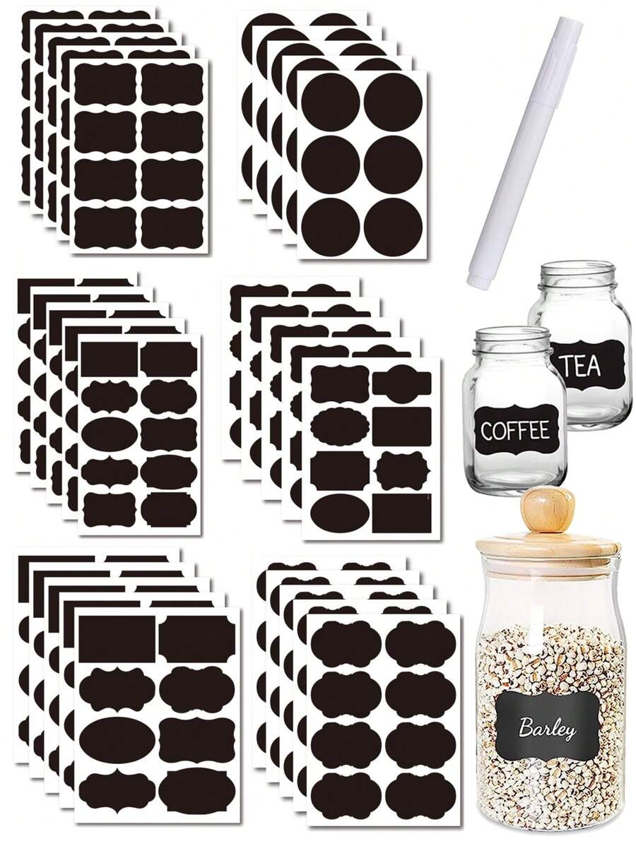 SHEIN 5 Sheets Chalkboard Labels Stickers With Round Rectangle Heart Shape Stickers Spice Jar Storage Bottle Box Backboard Sticker - Black - View 1
