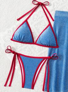 SHEIN Swim 3 件套女士纹理面料闪亮吊带三角泳衣套装，海滩度假时尚，适合夏季度假 - 藍色 - 查看 5