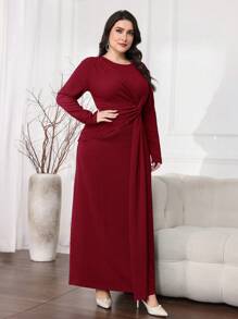 Modelyn Plus Size Elegant Solid Color Twist Knot Long Dress - Burgundy - View 5