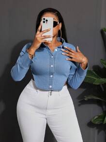 SHEIN SXY Áo khoác denim nữ cỡ lớn có nơ khoét lưng tay dài Áo dài tay màu xanh Áo mùa xuân Áo mùa hè Áo mùa hè cho nữ Áo đi chơi cho nữ Mùa xuân cho nữ Cô gái cao bồi cho nữ Buổi hòa nhạc cho nữ Áo crop top lễ hội Rave Áo dài tay buổi hòa nhạc cho nữ Y2k - Rửa trung bình - Xem 6