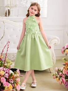 SHEIN Váy midi đính hoa cổ bẻ không tay thanh lịch cho bé gái tuổi teen - Màu xanh Bạc hà - Xem 8