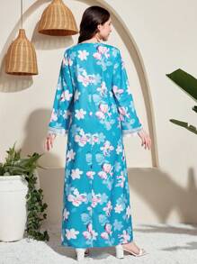 SHEIN 少女花卉印花连衣裙，蕾丝下摆，宽松版型，度假风格 - 藍色 - 查看 2