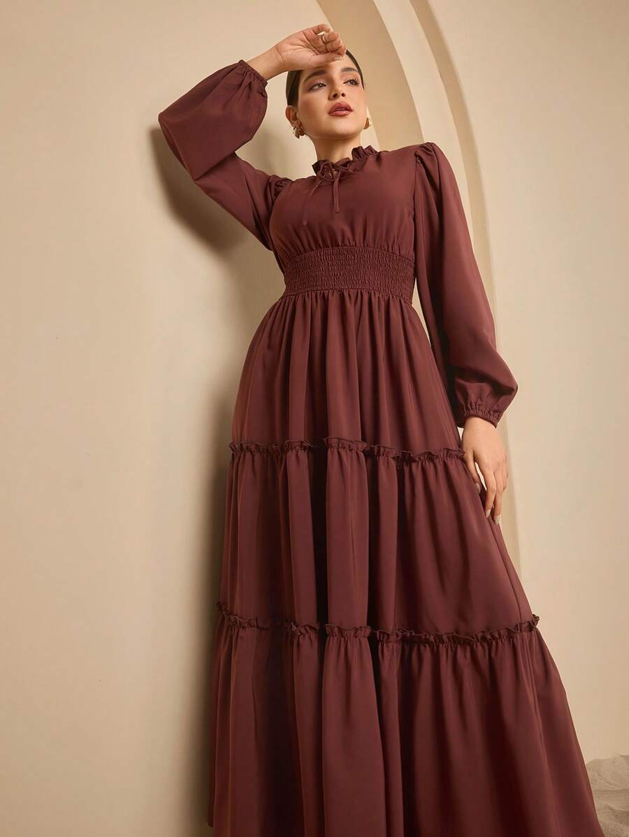 Graceveil Women's Extra Long Ruffled Tiered A-Line Waist Cinching Dress - Brown - View 1