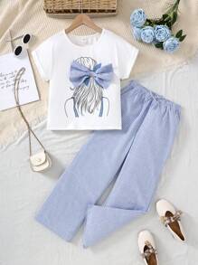 SHEIN 2pcs Tween Girls Casual Human Portrait Print Bow Decor Loose T-Shirt And Wide Leg Pants Set,Kids - Blue - View 2