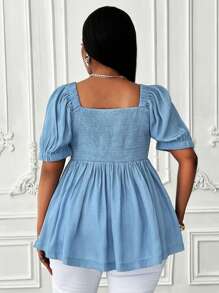Maweii Blusa de mujer talla grande de unicolor con nudo delantero y dobladillo con volantes - Azul - Ver 5