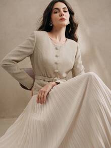 Anewsta Vestido largo de mujer de manga larga con cinturón en la cintura y pliegues, atuendo para el Día de San Valentín y Año Nuevo