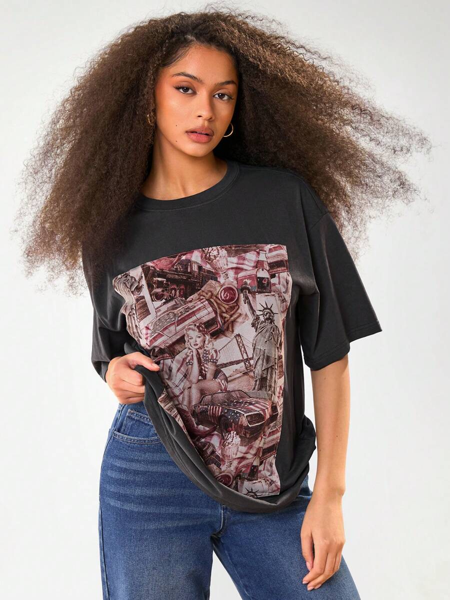 Athîral 女士休闲美国流行文化图案 T 恤 - 深灰色 - 查看 1