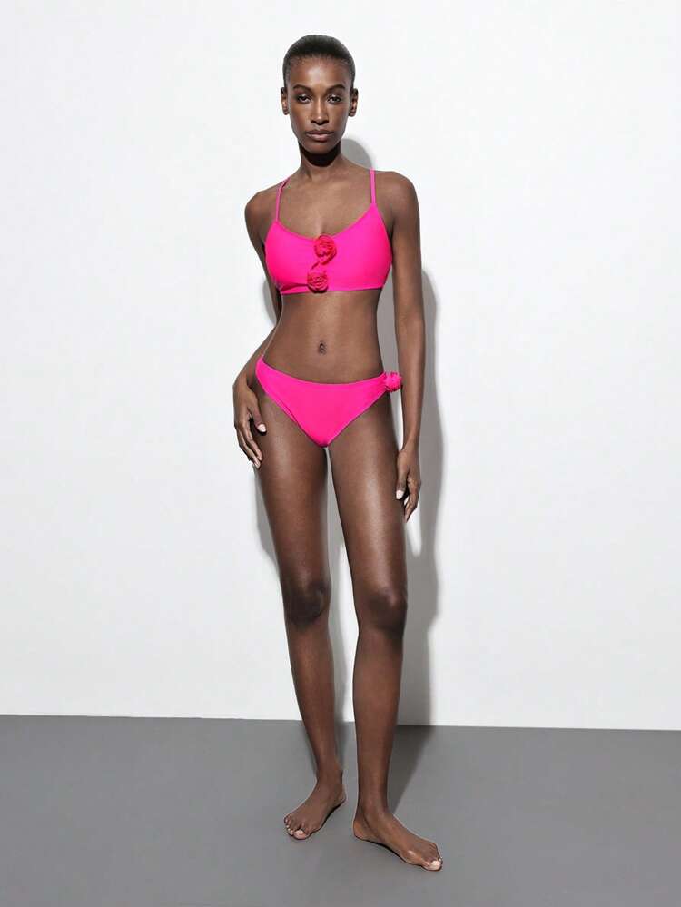 SHEIN Maija Women's Summer Beach Vacation 3D Floral Decor Vibrant Color Bikini Set