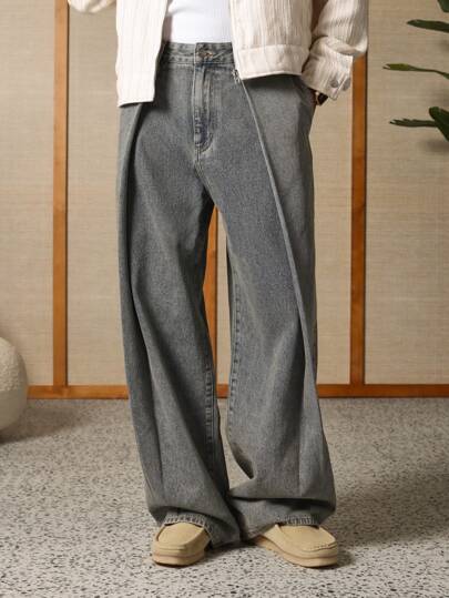 SUMWON Tailored Wide Leg Jeans Classic Retro Style High Waist Denim Pants Vintage Inspired Casual Streetwear All-Season Loose Fit Trousers