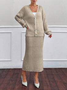 SHEIN Cottnline Conjunto de 2 piezas de falda y cárdigan con patrón de costilla - Camel - Ver 5