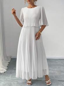 Elenzga Plus Size Solid Color Elegant Lady Chiffon Pleated Dress, Spring/Summer - White - View 5