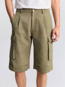 Ontre Men's Solid Color Front Button Pocket Casual Loose Shorts - Army Green - View 6