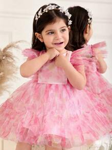 SHEIN Baby Girl Elegant Floral Pattern Mesh Ruffle Cap Sleeve Dress - Pink - View 6
