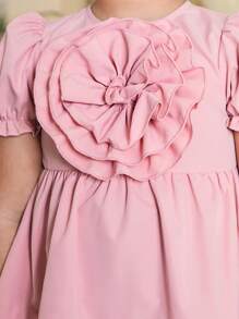Young Girls' Large Rose Flower Decor Puff Sleeve Dresses - Baby Pink - View 5