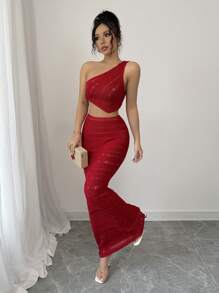 Elenzga 2pcs Women Set: Solid Color Asymmetric Sleeveless Top & Skirt Knitted Sweater