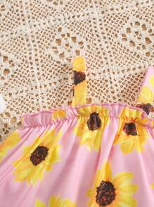 SHEIN 2 件装女婴时尚活泼向日葵印花粉色吊带背心搭配黄色短裤套装，适合夏季日常穿着 - 黃色 - 查看 4