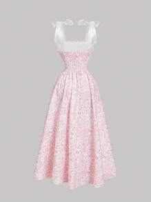 SHEIN MOD 女士蝴蝶结吊带印花长裙，适合春季、毕业典礼、春假等场合。