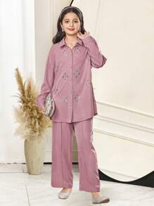 SHEIN Tween Girl Loose Casual Rhinestone Embellished Elegant Long Sleeve Shirt And Wide Leg Pants 2 Pieces Set - Pink - View 9