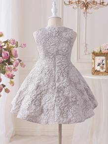 SHEIN Glamorique Kids Young Girl' Woven Jacquard Big Bow Decorated Slip Dress, Spring/Summer - Light Grey - View 2