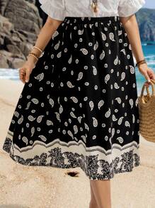 EMERY ROSE Damen Große Größen lässiger Paisley-Muster Elastischer Bund A-Linie Rock