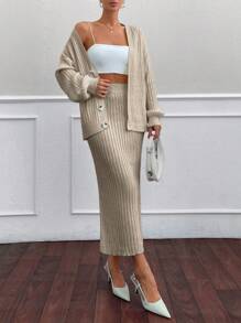 SHEIN Cottnline Conjunto de 2 piezas de falda y cárdigan con patrón de costilla - Camel - Ver 6