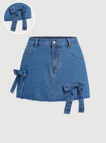 SHEIN MOD Plus Size Blue Denim Skirt Sweet Bow Skirt Elastic Waistband Spring Skirt