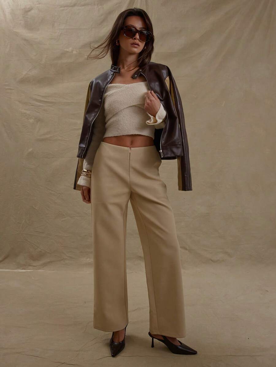 MUSERA Tailored Low Rise Zip Front Straight Leg Trousers With Pockets Cute Sexy Vacation Summer Sexy Chic Elegant Casual - Yellow - View 1