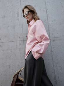 Ontre Women's Solid Color Front Button Pink Long Sleeve Blouse, Simple And Elegant, Suitable For Commuting And Daily Wear, Versatile - Pink - View 7