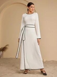 Graceveil Women Round Neck Pullover Modest Belted Arabic Style Dress For Daily Wear