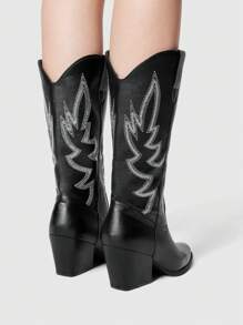 ROMWE Fairycore 女式不对称亮片刺绣西部牛仔靴，真皮中筒靴，适合春秋季节