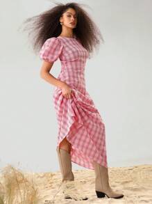 Athîral Women's Round Neck Short Puff Sleeve Open Back Red Gingham Plaid Casual Dress Elegant