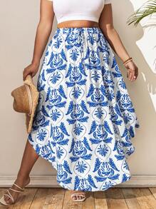 SHEIN Clasi 大码女士时尚新款印花宽松飘逸度假沙滩裙、女士夏季服装、圣帕特里克节狂欢服装、节日春假服装、圣帕特里克波西米亚风 - 藍色 - 查看 5