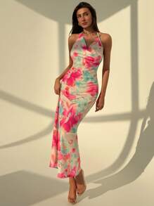 Aloruh Đầm bodycon dự tiệc bãi biển in hoa màu hồng thanh lịch có cổ khoét sâu, nơ hở lưng - Hồng - Xem 4
