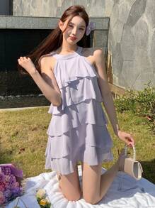 DAZY 女士纯色无袖荷叶边系带吊带背心夏季