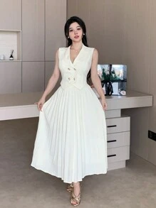 DAZY 纯色西装背心和百褶裙女士套装，适合职业女性穿着，商务休闲。 - 米色 - 查看 9