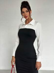SHEIN Privé Nieuwe zwarte, getailleerde lange jurk met kleurblok en revers voor dames met split, elegante/werk/zakelijk/dagelijks/casual/vakantie/lerarendagoutfit