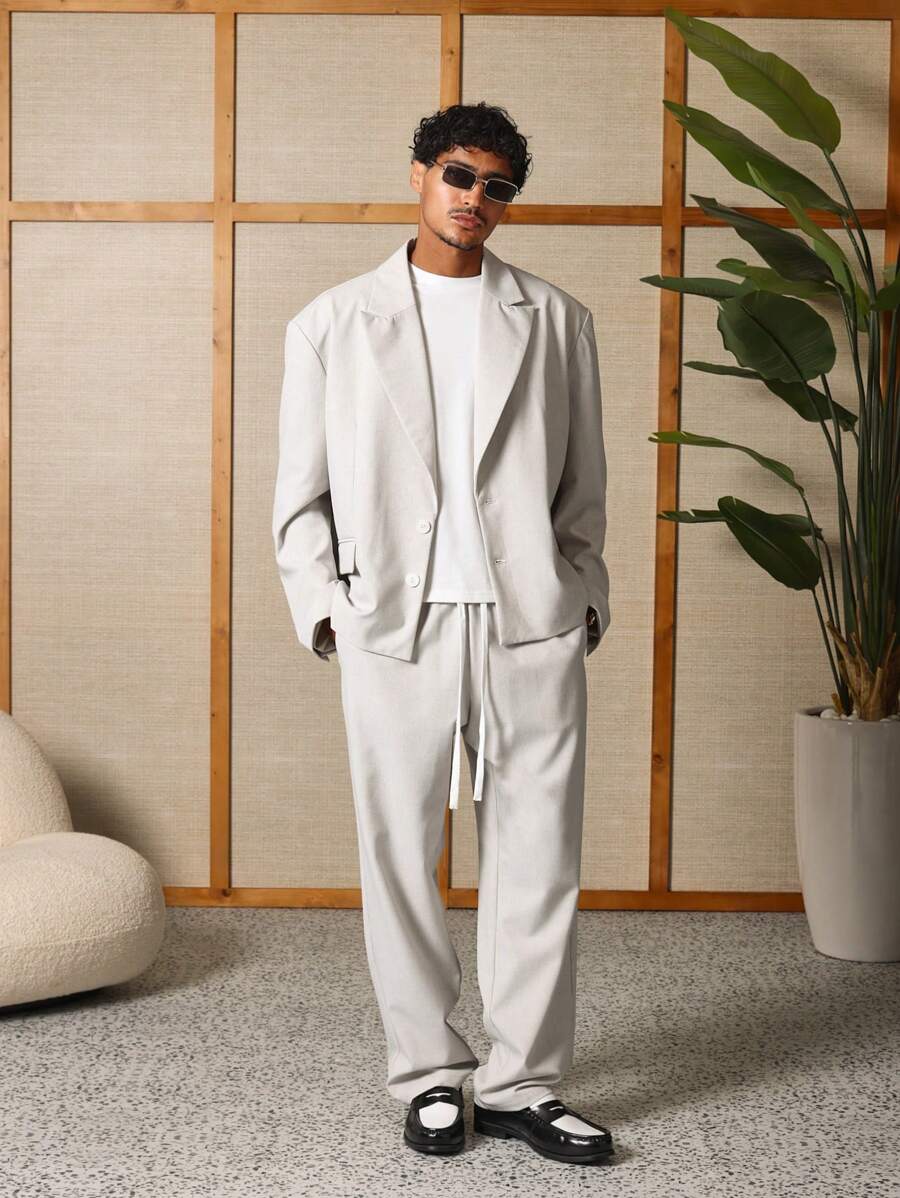 SUMWON Professional Linen-Look Straight Fit Men'S Trousers With Drawstring Waist, Versatile Office Casual Resort Wear, Modern Minimalist Relaxed Style - Light Grey - View 1