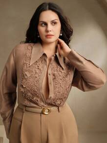 Anewsta 优雅大码女式衬衫，长袖撞色水溶性刺绣宽松衬衫，适合情人节、新年、春季 - 棕色 - 查看 4