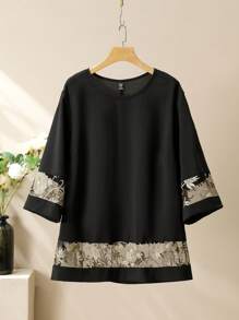 Lacomfia Elegancki styl okrągły dekolt haftowana siateczka patchwork duży rozmiar 2 częściowy zestaw