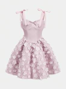 Pitira Pitira Tween Girl Floral Patchwork Bow Strap Cami Dress - Baby Pink - View 8