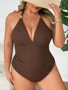 SHEIN CURVE+ Plus Size Women's Summer Swimsuit, Special Fabric Slimming Ruched Halter Neck One-Piece Swimsuit With Gold Metallic Trim - Coffee Brown - View 5