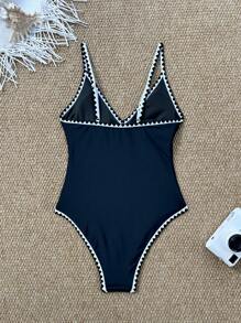 SHEIN Swim Đồ bơi một mảnh viền đen trắng cổ chữ V tua rua gợi cảm thanh lịch, trang phục đi biển cho phụ nữ, cho kỳ nghỉ hè - Đen và trắng - Xem 6