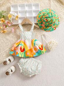 SHEIN Baby Girls Colorful Holiday Cartoon Floral Rainbow Print Overall Dress With Matching Shorts & Bucket Hat Set - Apricot - View 1
